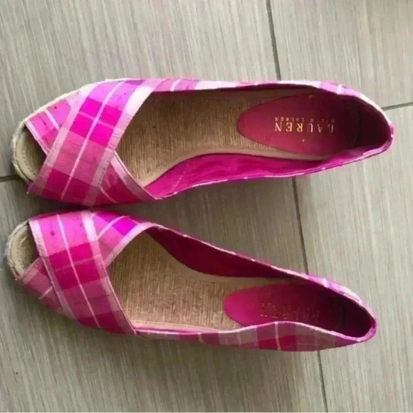 Ralph Lauren Cecilia Pink Plaid Open Toe Wedge - Picture 1 of 8
